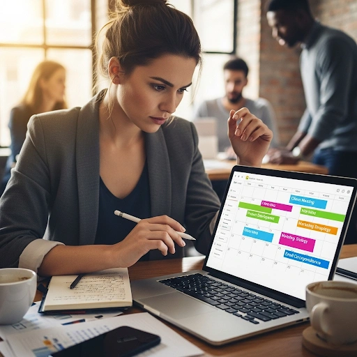 A busy entrepreneur using time blocking on their digital calendar, one of many productivity tips for entrepreneurs.
