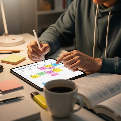 A busy student meticulously organizing their weekly schedule on a digital planner, illustrating effective time management for student productivity.