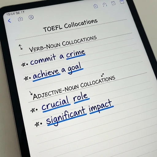 A close up screenshot of a digital collocation journal, showing a student’s notes with examples of verb noun and adjective noun collocations for TOEFL vocabulary.