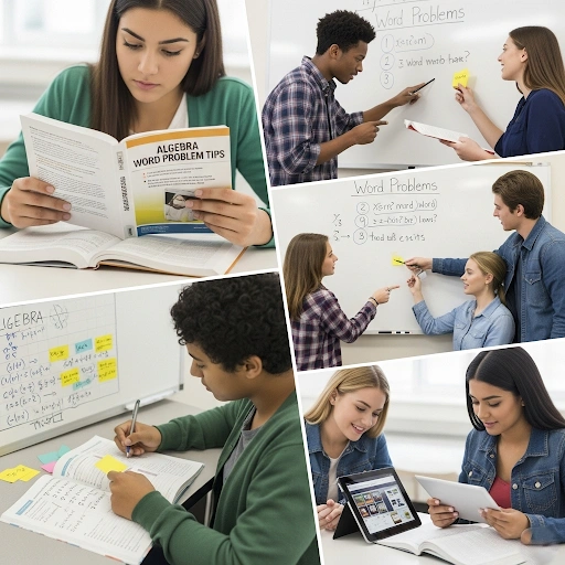 A collage of high school students studying math, using algebra word problem tips with diverse study methods and collaboration, indicating effective learning.