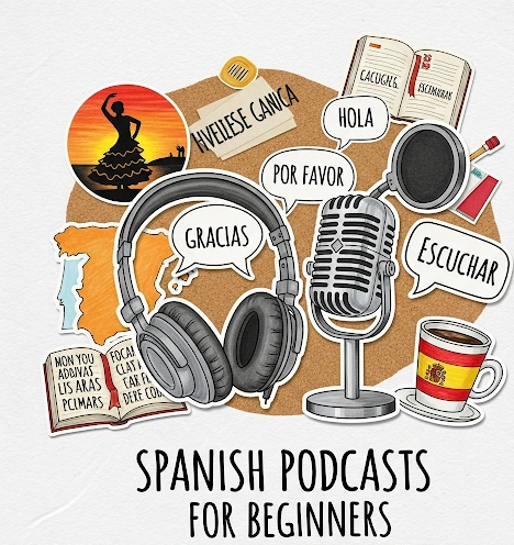 A collage of logos from popular Spanish podcasts for beginners, such as Coffee Break Spanish, Duolingo Spanish Podcast, and News in Slow Spanish, representing the best Spanish podcasts for beginners.