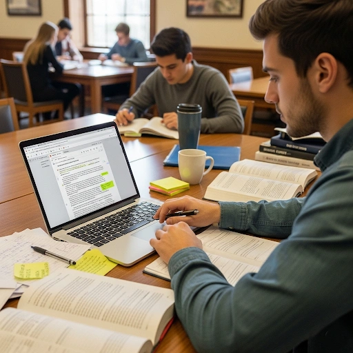 A college student actively revising a written essay on a laptop, with notes and research materials nearby, embodying effective essay writing revision.
