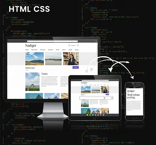 A conceptual image illustrating HTML CSS responsive design tutorial for beginners, showing a website adapting its layout across desktop, tablet, and mobile screens. A conceptual image illustrating HTML CSS responsive design tutorial for beginners, showing a website adapting its layout across desktop, tablet, and mobile screens.