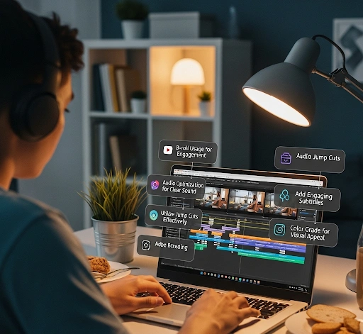 A content creator editing a YouTube video in Premiere Pro, with various YouTube video editing tips displayed on screen, such as B roll usage and audio optimization. A content creator editing a YouTube video in Premiere Pro, with various YouTube video editing tips displayed on screen, such as B roll usage and audio optimization.