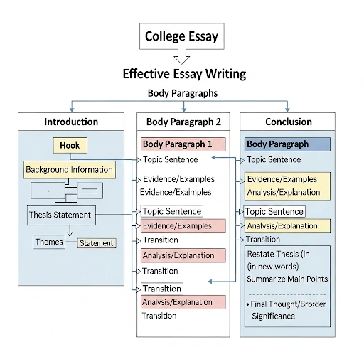 A detailed diagram illustrating the structure of a college essay outline, showing introduction, body paragraphs with evidence, and conclusion, for effective essay writing.