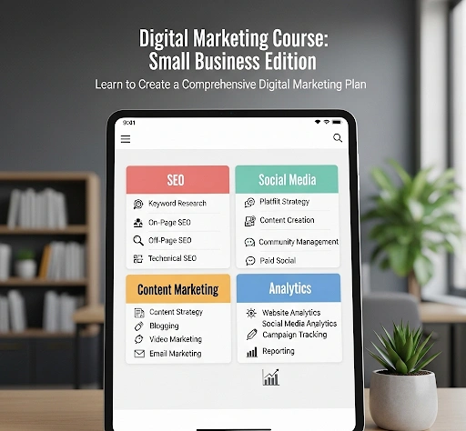 A detailed digital marketing course outline for small businesses, showing modules for SEO, Social Media, Content, and Analytics, helping to learn digital marketing plan creation. A detailed digital marketing course outline for small businesses, showing modules for SEO, Social Media, Content, and Analytics, helping to learn digital marketing plan creation.