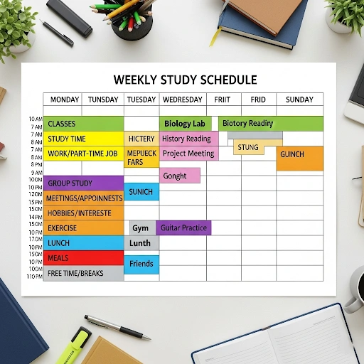 A detailed weekly study schedule grid with color coded blocks for classes, study time, and free time, promoting effective planning.