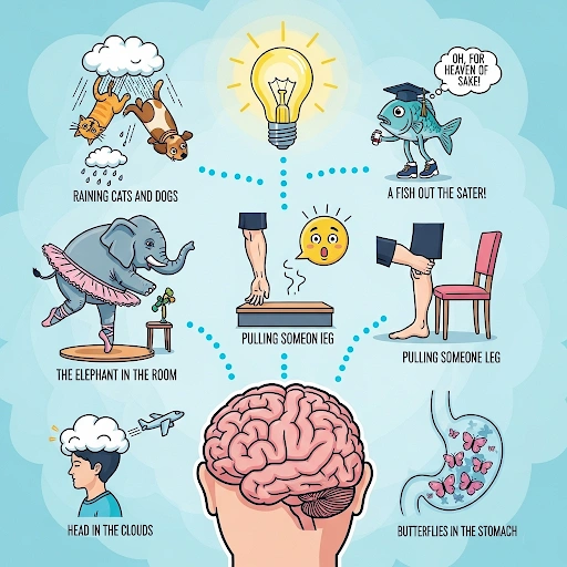 A diagram illustrating a person's brain with a lightbulb turning on, connected by lines to various funny, cartoonish images representing literal idiom meanings, such as a cat and dog falling from the sky.