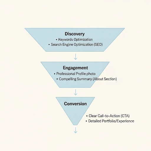 A diagram illustrating the LinkedIn profile optimization funnel. It shows 'Discovery' at the top with keywords and SEO, 'Engagement' in the middle with a professional photo and compelling summary, and 'Convers A diagram illustrating the LinkedIn profile optimization funnel. It shows 'Discovery' at the top with keywords and SEO, 'Engagement' in the middle with a professional photo and compelling summary, and 'Convers