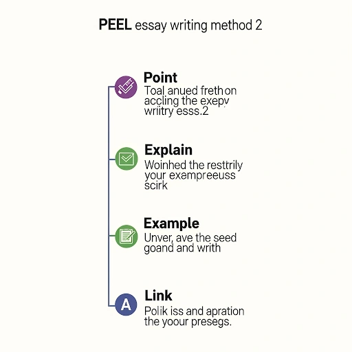 A diagram illustrating the PEEL essay writing method for IELTS Writing Task 2 with four steps Point, Explain, Example, and Link, each with a brief description.