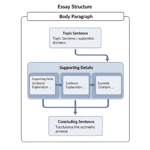 A diagram illustrating the internal structure of an essay body paragraph, showing topic sentence, supporting details, and concluding sentence. A diagram illustrating the internal structure of an essay body paragraph, showing topic sentence, supporting details, and concluding sentence.