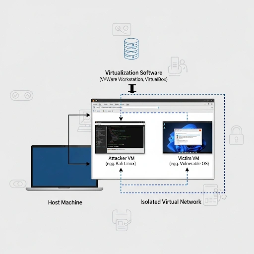 A diagram of a home lab setup for a beginner learning ethical hacking basics, with a laptop running virtual machines.