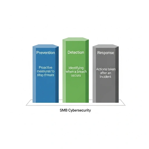 A diagram showing the three pillars of cybersecurity Prevention, Detection, and Response, a key concept for SMBs to learn.