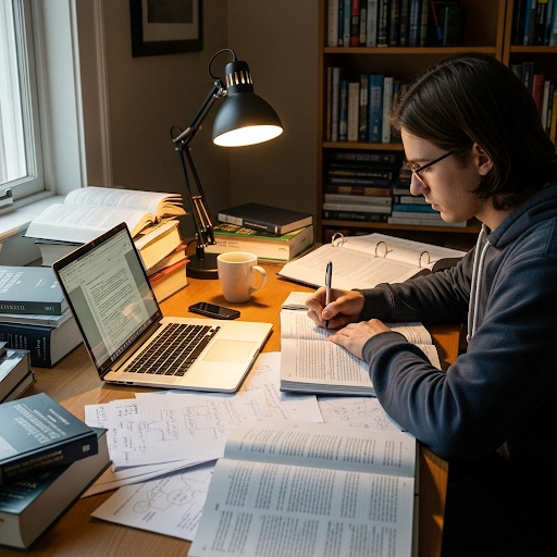 A diligent undergraduate student writing their thesis at a desk, surrounded by books and notes, focused on their academic work. A diligent undergraduate student writing their thesis at a desk, surrounded by books and notes, focused on their academic work.