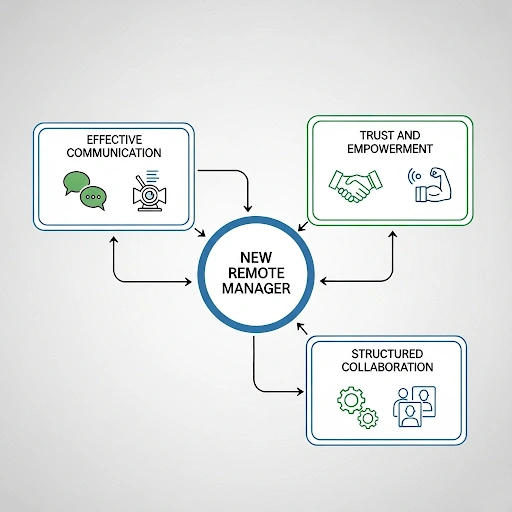 A flow chart illustrating the core components of remote leadership, showing a central hub for 'New Remote Manager' with connecting paths to 'Effective Communication', 'Trust and Empowerment', and 'Structured C A flow chart illustrating the core components of remote leadership, showing a central hub for 'New Remote Manager' with connecting paths to 'Effective Communication', 'Trust and Empowerment', and 'Structured C