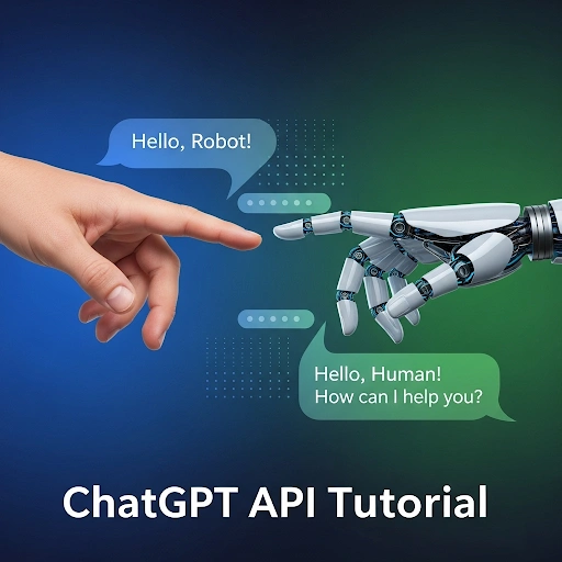 A graphic showing a human hand interacting with a robot hand over a chat interface, illustrating the core of this AI chatbot creation ChatGPT API tutorial.