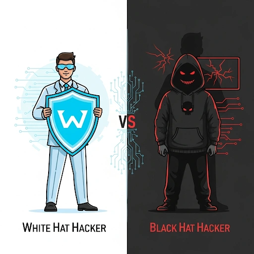 A graphic showing a white hat hacker with a shield, contrasting with a black hat hacker, illustrating the core of ethical hacking essentials for beginners.
