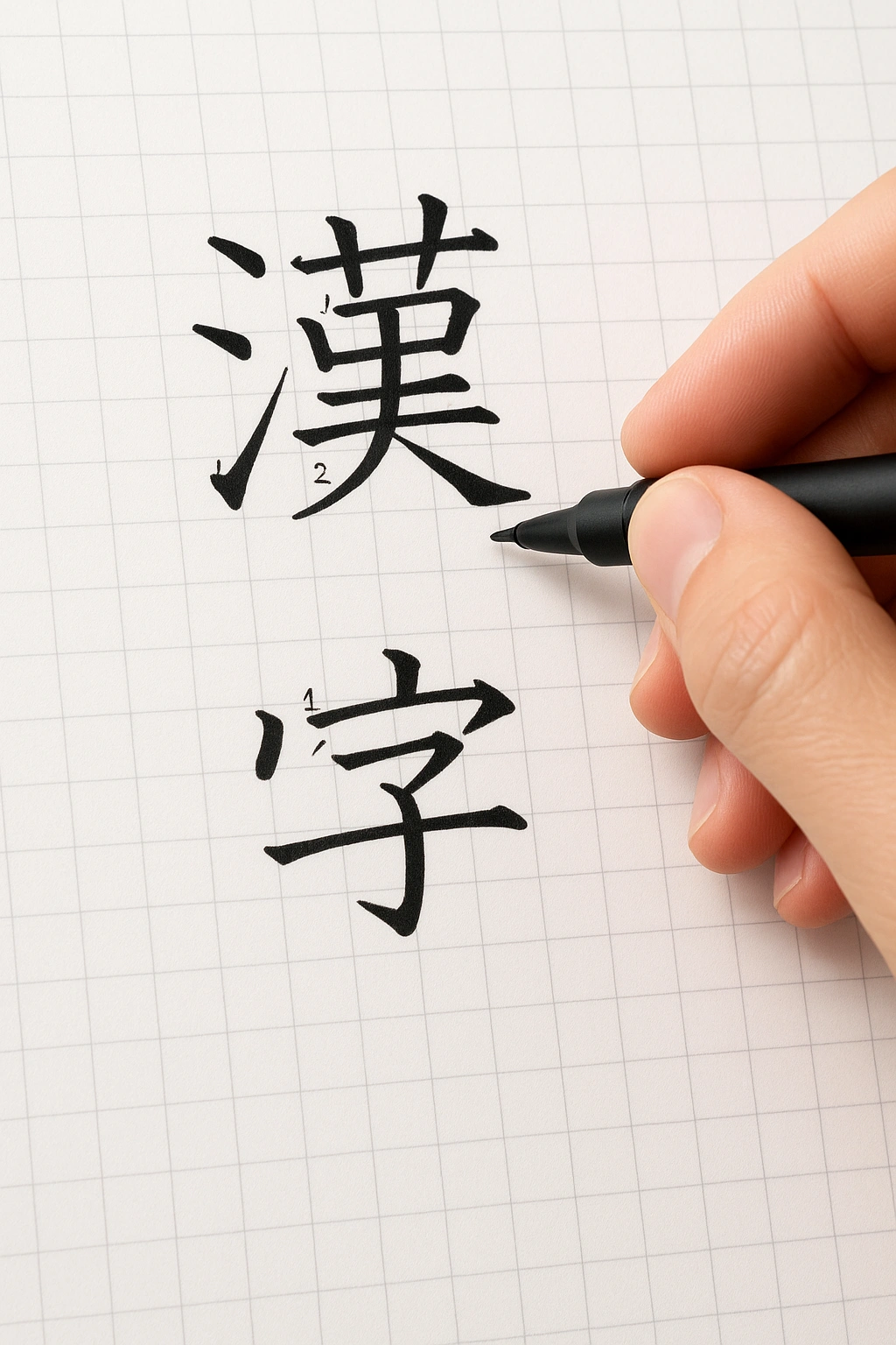 A hand holding a pen, writing Japanese Kanji characters on a grid paper with stroke order guides, symbolizing effective methods to learn kanji easily.