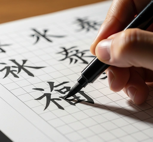 A hand writing Japanese Kanji characters on a practice sheet, demonstrating Japanese kanji writing practice.