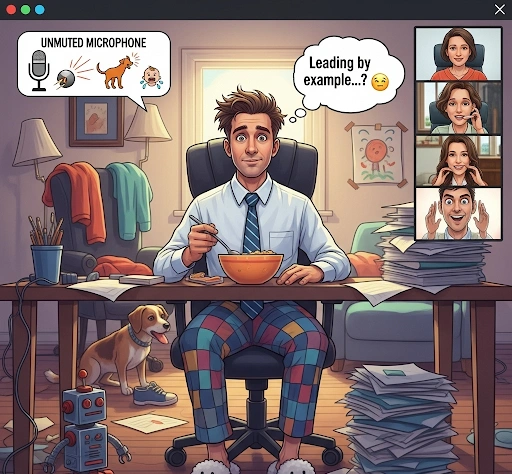 A humorous illustration of video call mistakes emphasizing remote leadership skills, like wearing a formal shirt with pajama pants, messy background, and an unmuted microphone. A humorous illustration of video call mistakes emphasizing remote leadership skills, like wearing a formal shirt with pajama pants, messy background, and an unmuted microphone.