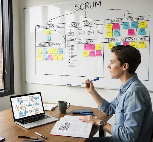 A person actively studying Agile Scrum concepts with a whiteboard showing Scrum framework elements and sticky notes, symbolizing effective Agile Scrum certification tips beginners can use. A person actively studying Agile Scrum concepts with a whiteboard showing Scrum framework elements and sticky notes, symbolizing effective Agile Scrum certification tips beginners can use.
