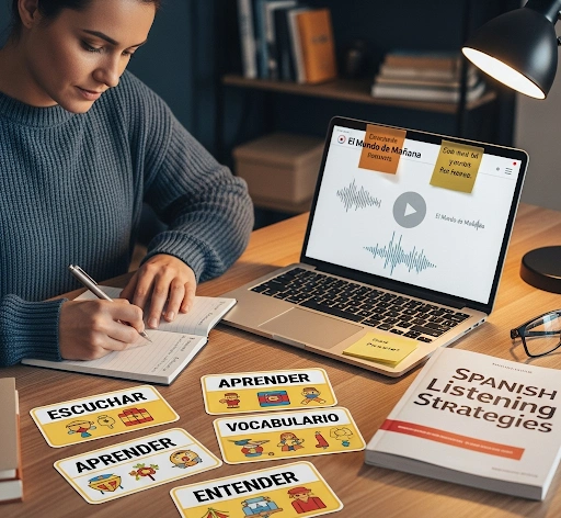 A person actively taking notes while listening to a Spanish podcast, surrounded by Spanish vocabulary, representing effective strategies to learn Spanish listening.
