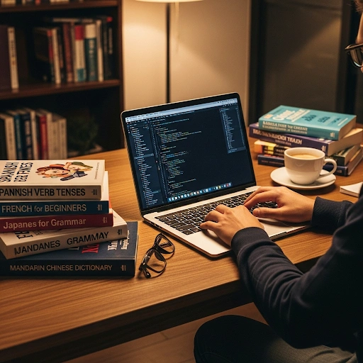 A person at a desk with books about different languages and a laptop displaying code.
