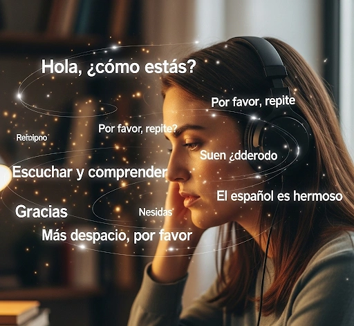 A person listening intently to headphones, with Spanish words and phrases floating around them, symbolizing the process of learning Spanish listening skills.