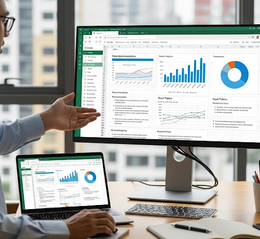 A person presenting data analysis projects in Excel for job applications, showing a clean dashboard with key insights and recommendations. A person presenting data analysis projects in Excel for job applications, showing a clean dashboard with key insights and recommendations.