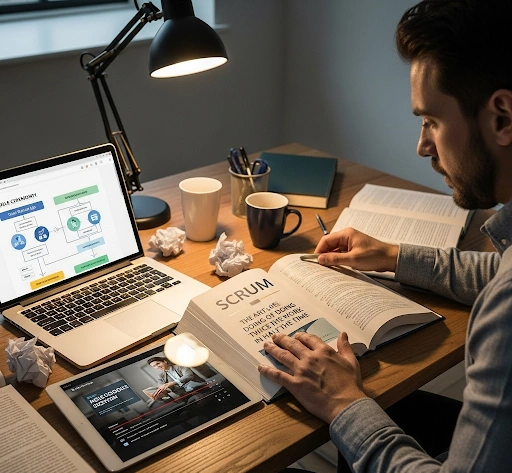 A person quickly learning Scrum concepts from a textbook and digital resources, symbolizing efficient ways to learn Scrum quickly. A person quickly learning Scrum concepts from a textbook and digital resources, symbolizing efficient ways to learn Scrum quickly.