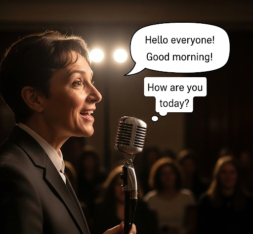 A person speaking into a microphone with a speech bubble showing English phrases, symbolizing efforts to improve English speaking skills through practice and feedback. A person speaking into a microphone with a speech bubble showing English phrases, symbolizing efforts to improve English speaking skills through practice and feedback.