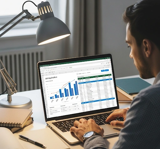 A person working on data analysis projects in Excel for job applications, showing charts and data tables. A person working on data analysis projects in Excel for job applications, showing charts and data tables.