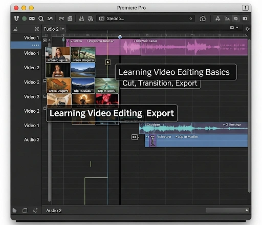 A screenshot of Adobe Premiere Pro's timeline with various video and audio clips, transitions, and text overlays, demonstrating the process to learn video editing basics. A screenshot of Adobe Premiere Pro's timeline with various video and audio clips, transitions, and text overlays, demonstrating the process to learn video editing basics.