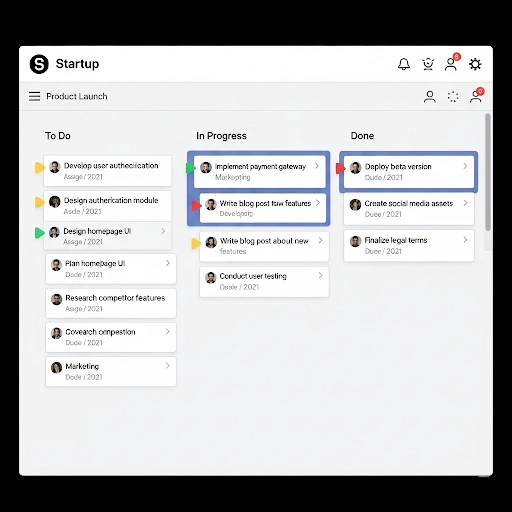 A screenshot of a Kanban board in a project management tool. It shows three columns labeled 'To Do', 'In Progress', and 'Done', with various task cards in each column that represent a startup's product develop A screenshot of a Kanban board in a project management tool. It shows three columns labeled 'To Do', 'In Progress', and 'Done', with various task cards in each column that represent a startup's product develop
