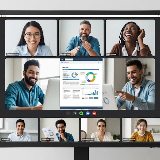 A screenshot of a video conference call with a diverse team collaborating and smiling. The screen shows various team members' faces and a shared document they are working on. A screenshot of a video conference call with a diverse team collaborating and smiling. The screen shows various team members' faces and a shared document they are working on.