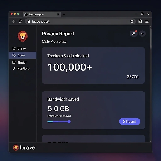 A screenshot of the Brave browser's privacy report showing over 100,000 trackers and ads blocked, and a significant amount of bandwidth saved. A screenshot of the Brave browser's privacy report showing over 100,000 trackers and ads blocked, and a significant amount of bandwidth saved.