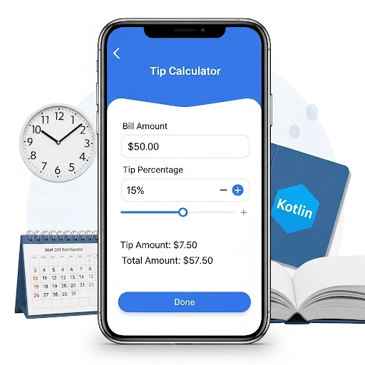 A screenshot of the simple tip calculator app, an example of how to learn Kotlin app development while applying smart time management hacks.