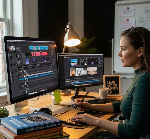 A small business owner confidently creating motion graphics in After Effects, with a focus on workflow efficiency and creative techniques, symbolizing expert learn motion graphics tips. A small business owner confidently creating motion graphics in After Effects, with a focus on workflow efficiency and creative techniques, symbolizing expert learn motion graphics tips.
