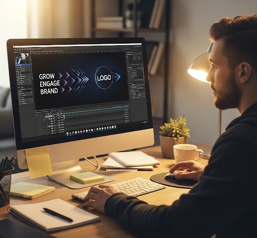 A small business owner creating motion graphics in Adobe After Effects, showing animated text and logos on a screen, illustrating motion graphics After Effects small businesses can learn. A small business owner creating motion graphics in Adobe After Effects, showing animated text and logos on a screen, illustrating motion graphics After Effects small businesses can learn.