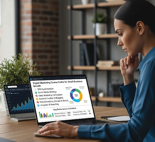 A small business owner reviewing a digital marketing dashboard on a laptop, showing charts and KPIs, symbolizing effective digital marketing course outline small businesses can use for growth. A small business owner reviewing a digital marketing dashboard on a laptop, showing charts and KPIs, symbolizing effective digital marketing course outline small businesses can use for growth.