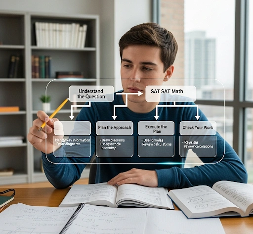 A student applying SAT Math problem solving strategies, showing a flowchart of problem solving steps like 'Understand the Question,' 'Plan the Approach,' and 'Check Your Work,' illustrating learn SAT math tips