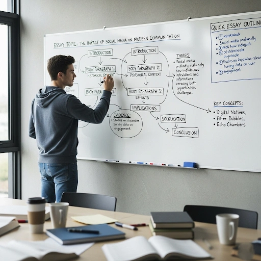 A student efficiently organizing notes and ideas on a whiteboard, demonstrating effective essay planning, outlining, and using a quick essay outline. A student efficiently organizing notes and ideas on a whiteboard, demonstrating effective essay planning, outlining, and using a quick essay outline.