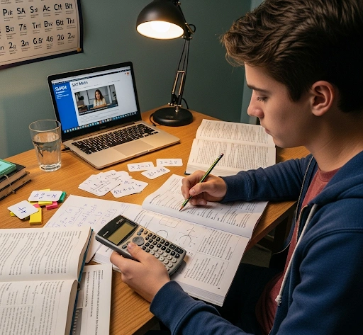 A student focused on SAT Math prep, using a calculator and practice materials, symbolizing effective SAT math prep tips.