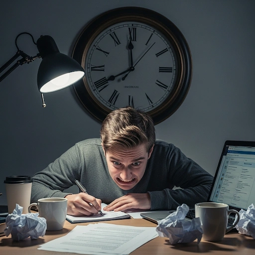 A student looking stressed while writing an essay quickly, with a clock in the background, symbolizing time pressure. A student looking stressed while writing an essay quickly, with a clock in the background, symbolizing time pressure.
