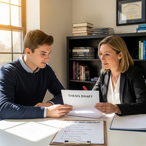 A student meeting with a faculty advisor, discussing a thesis draft, highlighting the importance of mentorship and a college thesis checklist. A student meeting with a faculty advisor, discussing a thesis draft, highlighting the importance of mentorship and a college thesis checklist.