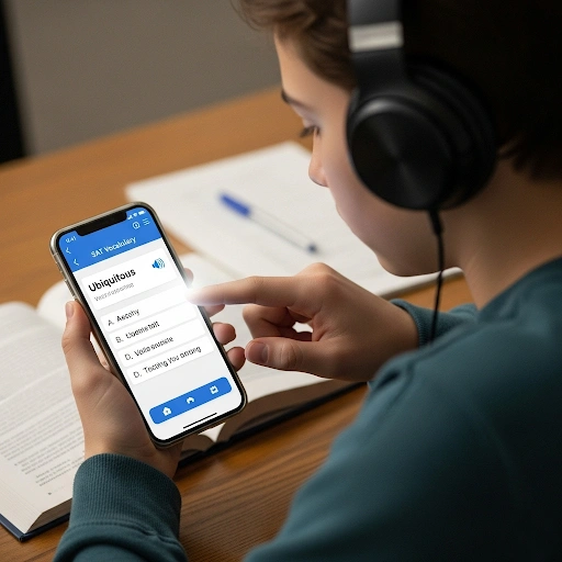 A student practicing SAT vocabulary using an app with audio pronunciation, showing headphones and a phone screen. A student practicing SAT vocabulary using an app with audio pronunciation, showing headphones and a phone screen.
