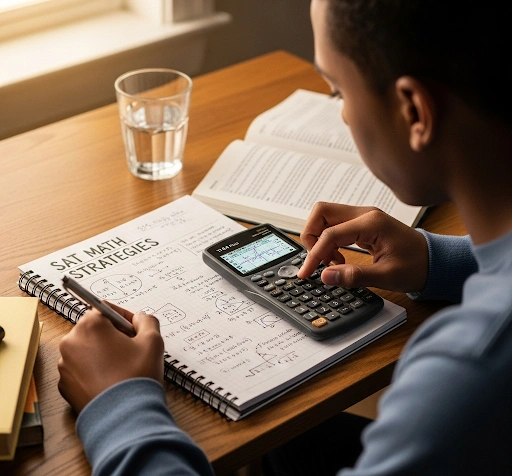 A student using SAT Math problem solving strategies, showing a notebook with math equations and a calculator, emphasizing SAT Math problem solving strategies.
