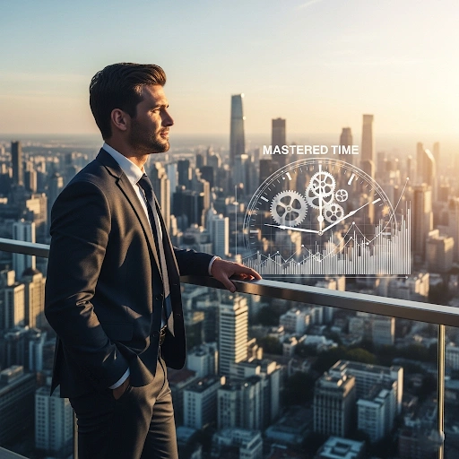 A successful entrepreneur looking out over a city, symbolizing the freedom gained from mastering time management hacks entrepreneurs use.
