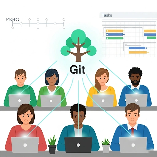 A team of people working on a project, with lines connecting them to a central Git repository, illustrating the power of version control and strategic time management for absolute beginners.