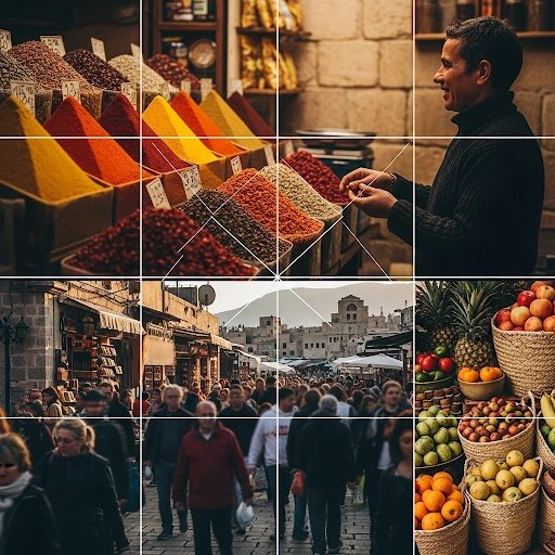 A travel photo with a rule of thirds grid overlay, demonstrating a key DSLR photography composition technique for travel.